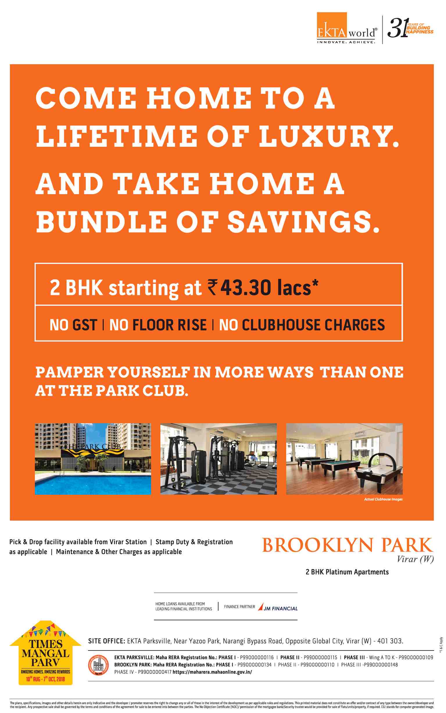 Book 2 BHK platinum apartments @ Rs. 43.30 Lacs at Ekta Brooklyn Park in Mumbai